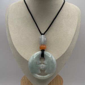 Vintage Chinese Jade Moon Festival Pendant Long Necklace With Silk Cord